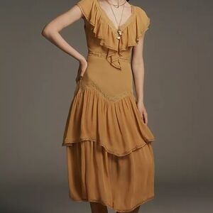 By Anthropologie Short-Sleeve V-Neck Ruffle Midi Dress